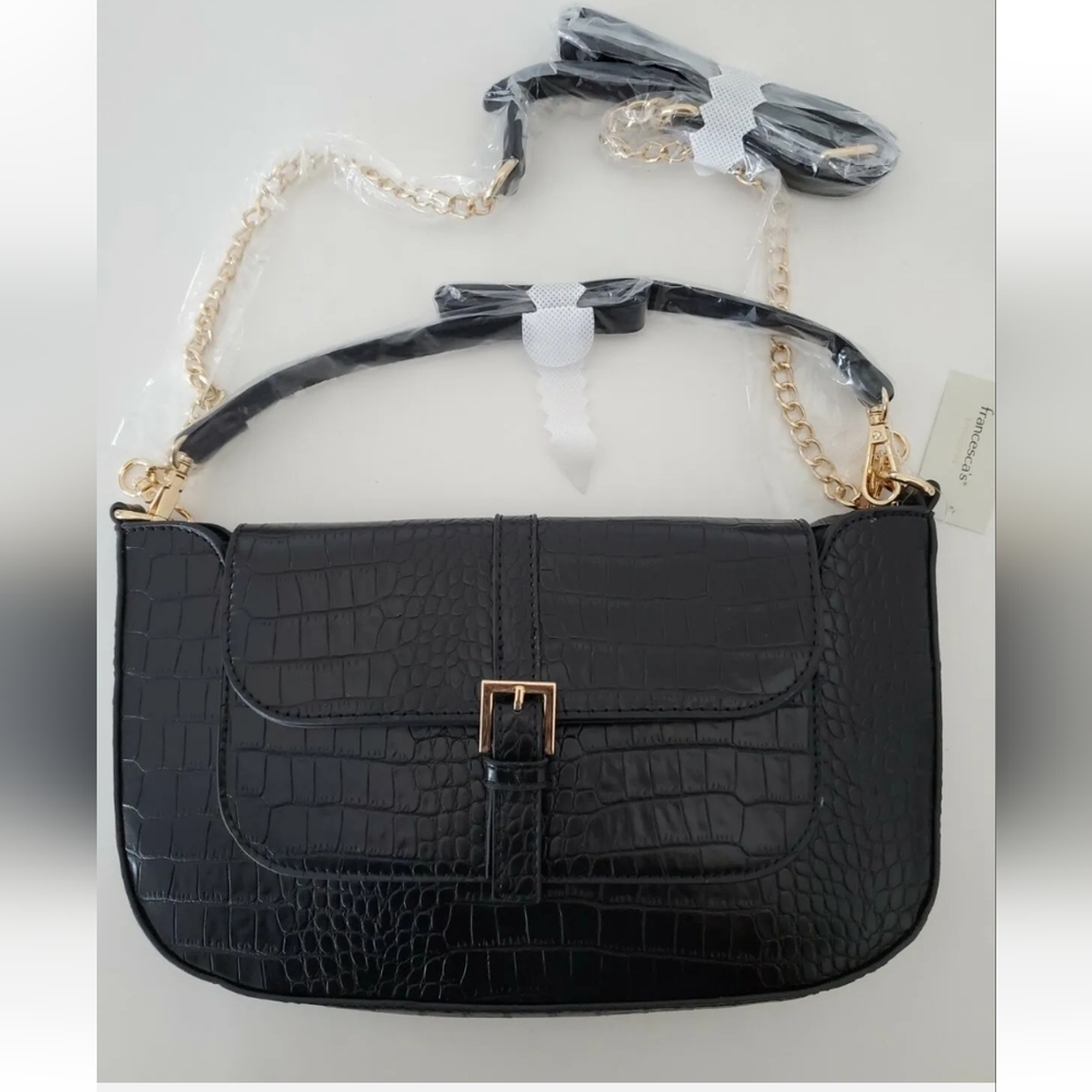 NWT Black Croc Baguette Handbag Faux Leather 2 Straps Crossbody & Handle